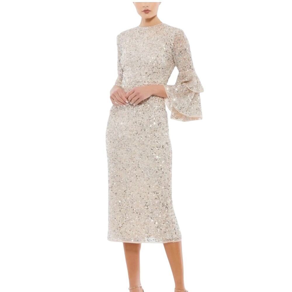 Mac Duggal 10802 Nude Sequin Bell Sleeve Midi Dress Size 8 $458